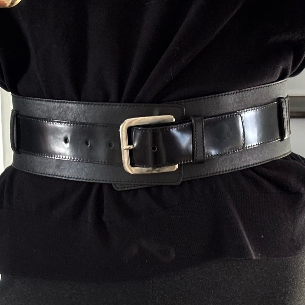 Vintage NWOT Sz S Club Monaco Black Leather Belt w Silver Buckle Handmade Italy